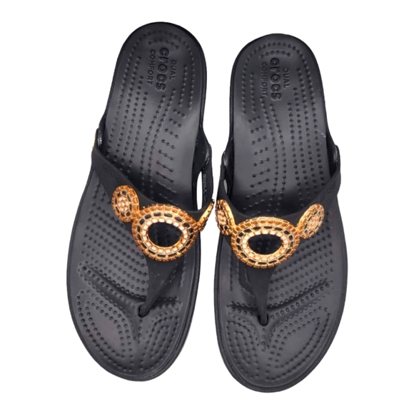 CROCS Shoes Crocs Thong Sandals Black Gold Jewels Size 9w Poshmark